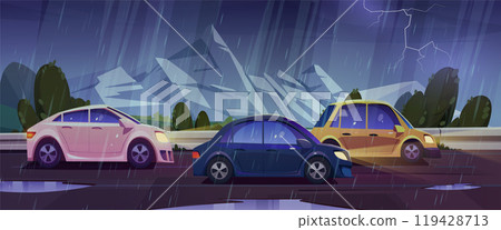 Rain and thunder on mountain car road background Rain and thunder on mountain car road background 119428713