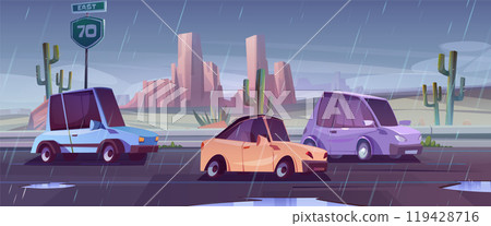Cars driving in rain on highway in desert Cars driving in rain on highway in desert 119428716