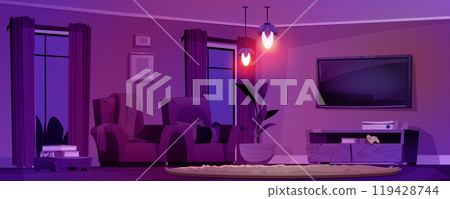 Home living room interior at night cartoon vector 119428744