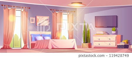 Modern bedroom interior with tv on wall 119428749