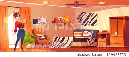 Young woman in exotic safari style bedroom 119428753