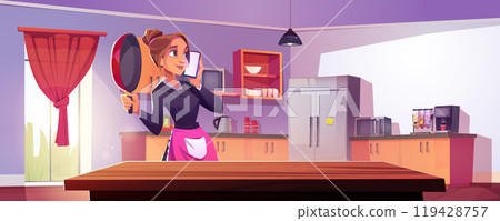 Woman with mobile phone near kitchen counter table Woman with mobile phone near kitchen counter table 119428757