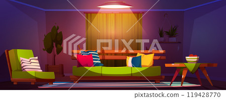 Green sofa in living room interior at night vector 119428770