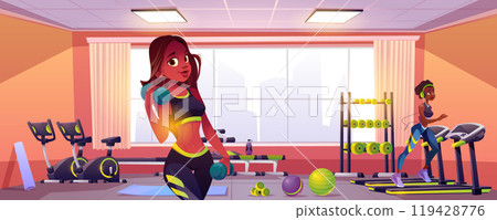 Fit black woman in sport gym for workout exercise 119428776