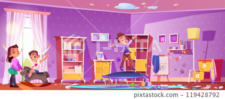 Children play and jump on trampoline in messy room Children play and jump on trampoline in messy room 119428792
