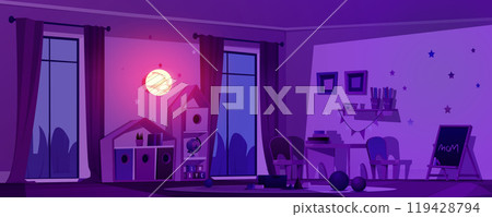 Night kindergarten playroom with furniture 119428794