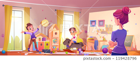 Mom and children in messy kid room cartoon vector 119428796