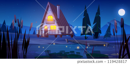 Night wooden house near mountain lake 119428817