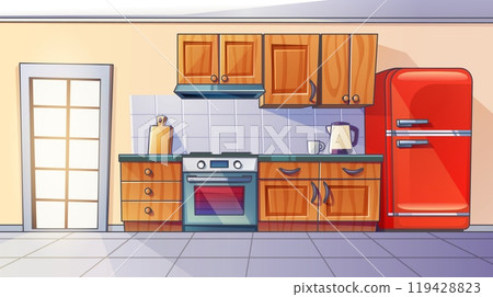 Cartoon kitchen room interior at home with fridge Cartoon kitchen room interior at home with fridge 119428823
