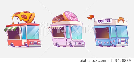Street food truck icon with pizza, coffee cartoon Street food truck icon with pizza, coffee cartoon 119428829