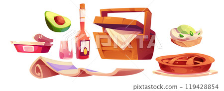 Set for picnic in park with wicker basket 119428854