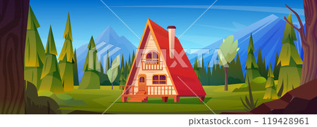 Wooden cabin in forest near rocky mountains. 119428961