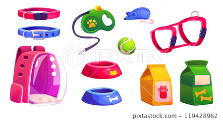 Dog food, toy and cat bowl for pet shop interior 119428962