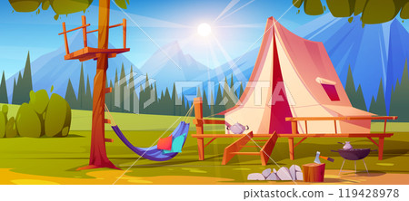 Mountain camp tent in summer forest illustration 119428978