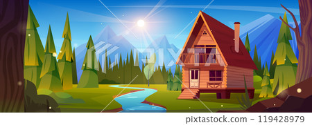 Wooden log house near mountain river 119428979