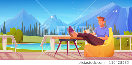 Man sitting on porch with mountain view background Man sitting on porch with mountain view background 119428983