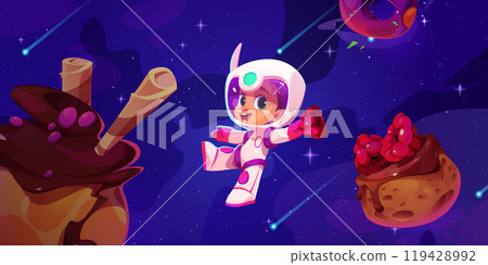 Cute kid astronaut flying in fantasy space Cute kid astronaut flying in fantasy space 119428992