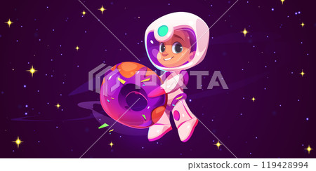 Cute kid boy astronaut flying in fantasy space Cute kid boy astronaut flying in fantasy space 119428994
