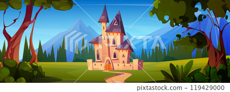 Medieval royal castle near forest and mountains. Medieval royal castle near forest and mountains. 119429000