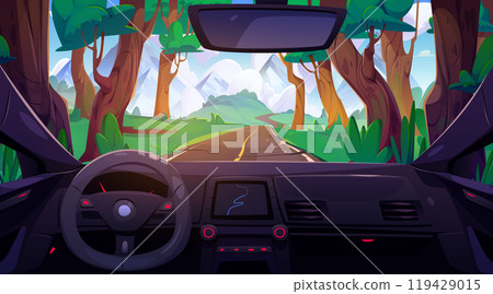 Car dashboard with forest road view Car dashboard with forest road view 119429015