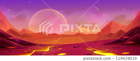 Game alien planet landscape with red surface. 119429019