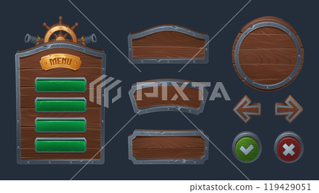 Wood pirate ui game frame and board button vector 119429051