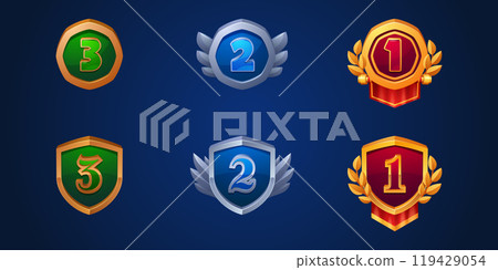 Game ui medals for 3, 2 and 1 place award. Game ui medals for 3, 2 and 1 place award. 119429054
