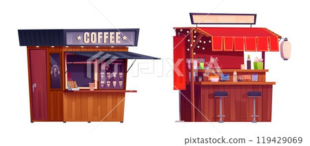 Set of street food and drink stalls 119429069