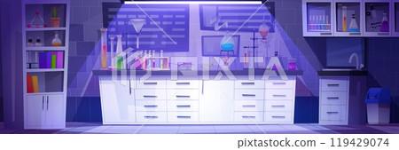 Night chemical laboratory interior 119429074