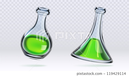Chemistry measuring glass flasks with green liquid Chemistry measuring glass flasks with green liquid 119429114
