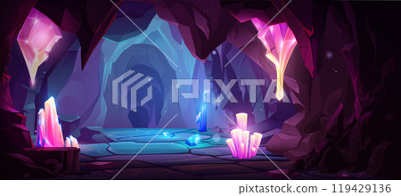 Dark cave with shining crystals in stone walls. 119429136
