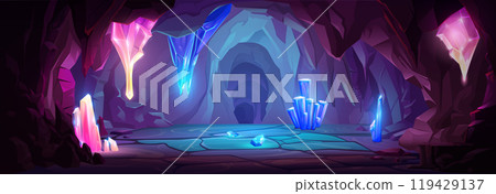 Treasure cave with blue crystals on walls 119429137