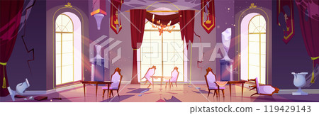 Abandoned and broken ballroom interior. Abandoned and broken ballroom interior. 119429143