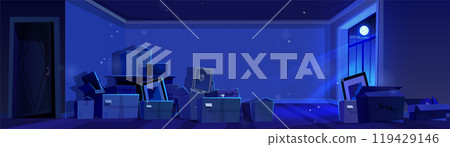 Dark night unfurnished room with cardboard boxes. 119429146