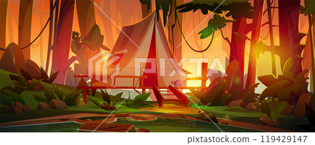 Forest camp tent on stilt at sunrise background 119429147