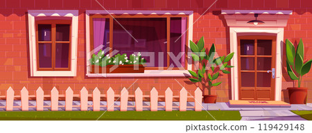 House facade and front door with window cartoon 119429148