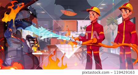 Fire smoke on house kitchen and firefighter vector Fire smoke on house kitchen and firefighter vector 119429163