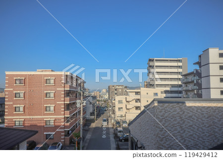 a City Skyline Train Window Ride, Fukuoka japan May 16 2024 a City Skyline Train Window Ride, Fukuoka japan May 16 2024 119429412