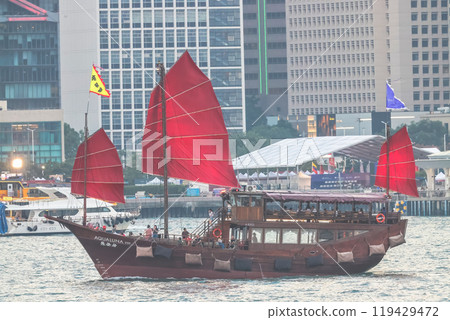 Oct 6 2024 HK Junkboat sailing along Hong Kong Skyline Oct 6 2024 HK Junkboat sailing along Hong Kong Skyline 119429472