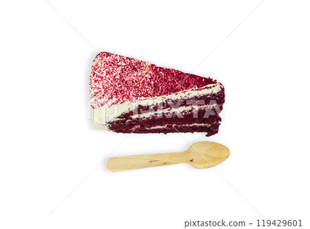 Top view of delicious red velvet cake slice with wooden spoon Top view of delicious red velvet cake slice with wooden spoon 119429601