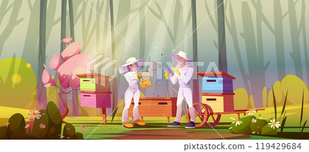 Two beekeepers work near apiary in forest. Two beekeepers work near apiary in forest. 119429684