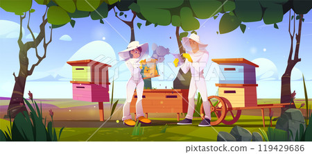 Two beekeepers working at bee farm 119429686