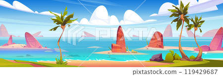 Sea or ocean beach with sand and palm trees 119429687