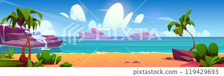 Tropical seascape with sandy beach and palm trees Tropical seascape with sandy beach and palm trees 119429693