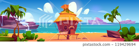 Hut on island beach tropical cartoon illustration 119429694