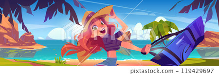 Happy woman in straw hat with bag on sea beach. Happy woman in straw hat with bag on sea beach. 119429697
