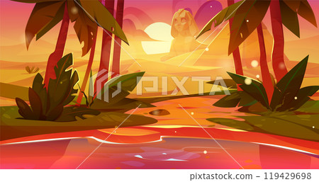 Egyptian desert landscape with oasis on sunset. Egyptian desert landscape with oasis on sunset. 119429698