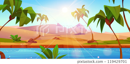 Egypt desert with nile river and palm tree vector 119429701