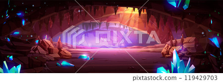 Large cave with gemstones on walls Large cave with gemstones on walls 119429703