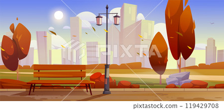 Autumn city park with bench, lantern and trees 119429708